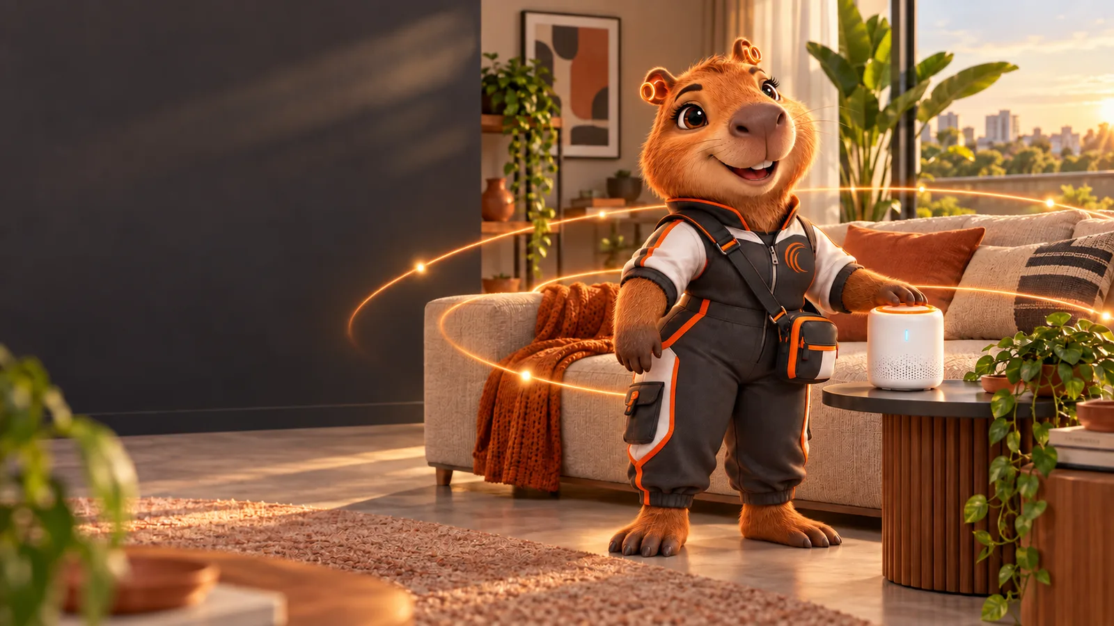 Luma na sala de estar ao lado do roteador Wi‑Fi